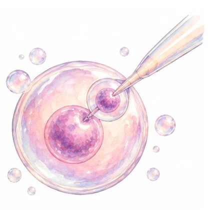 Gezeichnete Zelle, eine Pipette überträgt den Zellkern