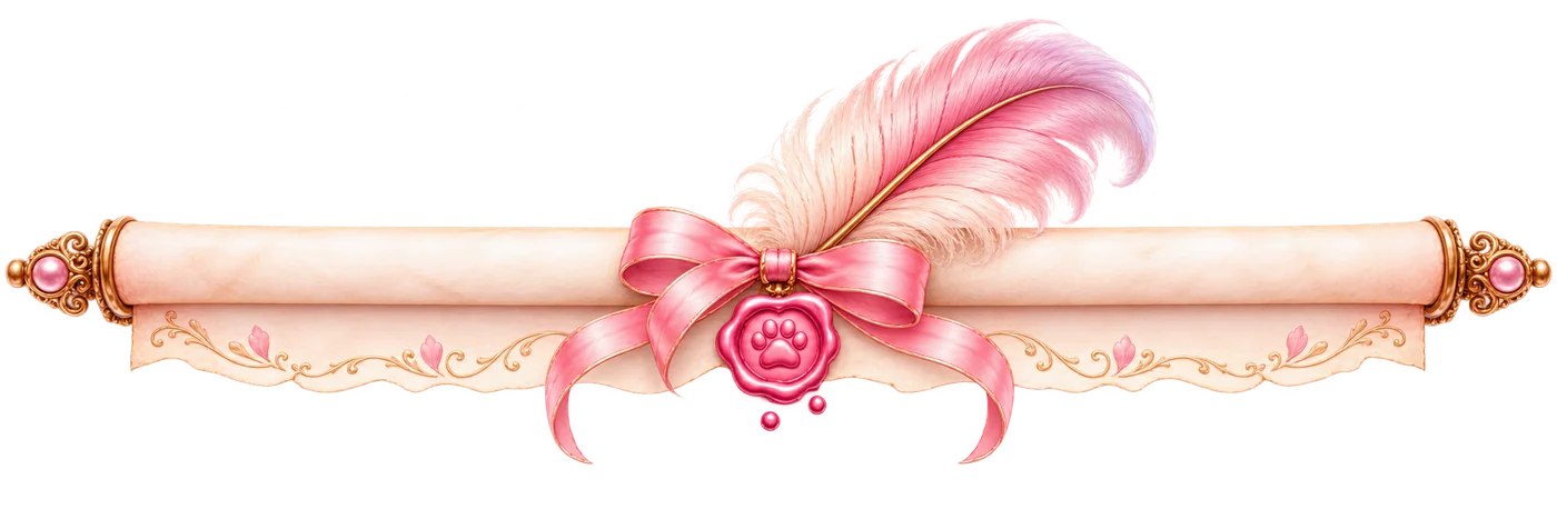 Pergamentrolle mit rosa Feder, Satinschleife und Pfoten-Wachssiegel